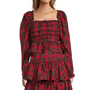 Plaid Tie Square Neck Long Puffed Sleeve Blouse